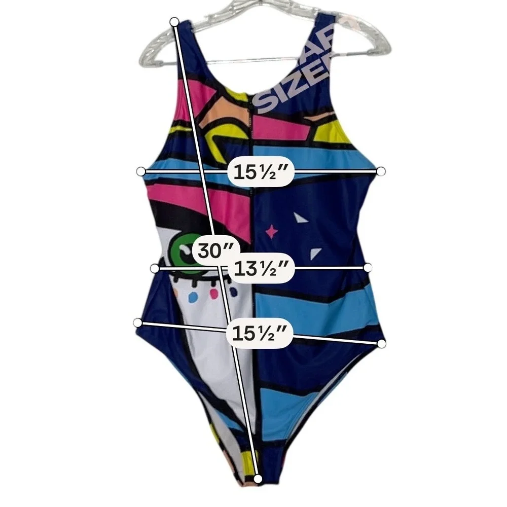 Pop Art‎ Abstract Face One Piece Swimsuit Blue Pink 2XL Front Zip Scoop Back